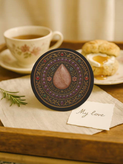 Round ceramic drink coaster featuring a detailed rose quartz-inspired teardrop surrounded by floral and gemstone baroque patterns. Black background with jewel-toned accents and gold scrollwork. The coaster has a non-slip cork base and measures approximately 4 inches in diameter. Perfect for hot or cold beverages, this witchy decor piece enhances any coffee cart, altar, or side table. Suitable for use in whimsigoth, gothic, or celestial-themed spaces.